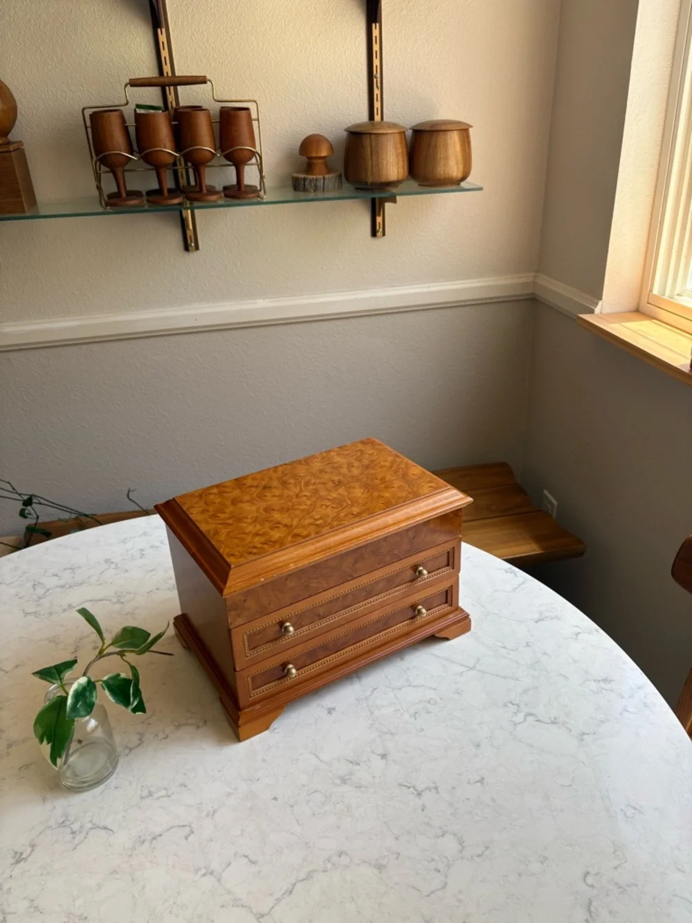 Vintage Wood Jewelry Box with Two Drawers - Brown